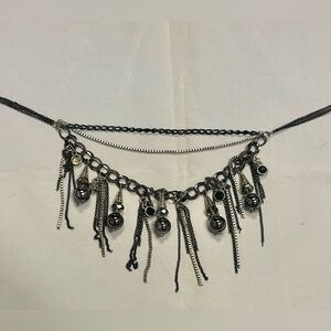 Statement Fringe Necklace – Gunmetal Chain, Beaded Dangle Charms, Y2K Grunge